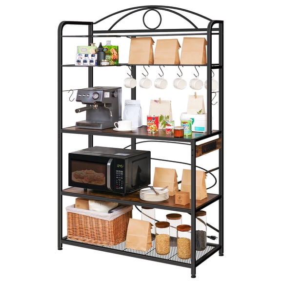 Large Bakers Rack for Kitchen, 40-inch Wide Coffee Bar Station with Power Outlet, 5 Tier Microwave Stand Storage Shelf with S-Shaped Hooks, Metal Frame with Brown Wood Tabletop