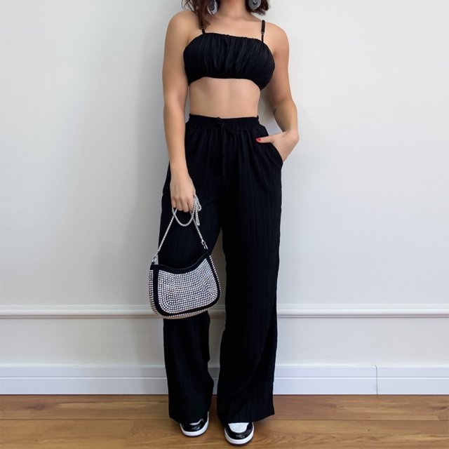 Conjunto De Pantalón Y Top Con Tirantes Pantalones con tirantes para mujer, tops cortos y pantalones largos sexis con pliegues (negro S) Cgtredaw Para estrenar