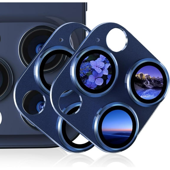 2 Pack Camera Lens Protector for iPhone 15 Pro - iPhone 15 Pro Max, Alloy Metal 9H Tempered Glass Camera Screen Cover, Anti-Scratch Full Coverage Protection, Case Friendly, Blue