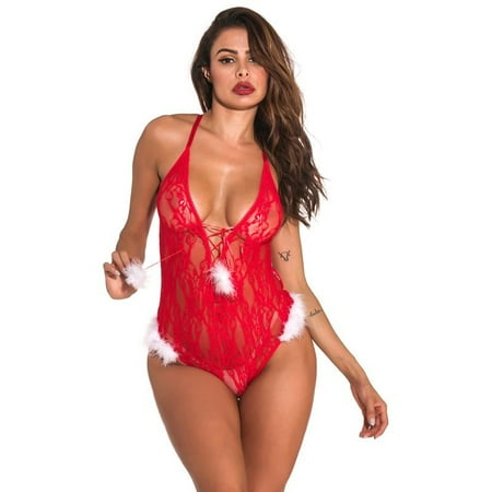 

GORHGORH Bodysuit Perspective Autumn/Winter Women Polyester Juniors Spandex Christmas Solid Breathable Lingerie Bodysuit