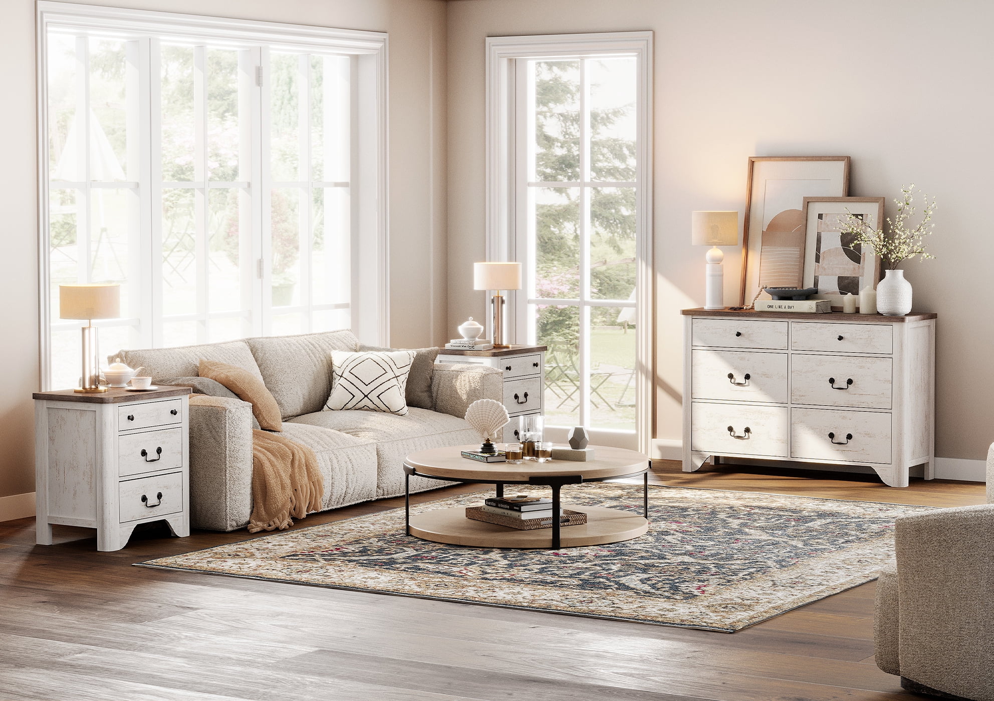 WAMPAT Farmhouse 3-Piece Bedroom Set, 47.2" Wood 6-Drawer Dresser and Nightstand Set of 2 with Charging Station for Bedroom,Living Room,White