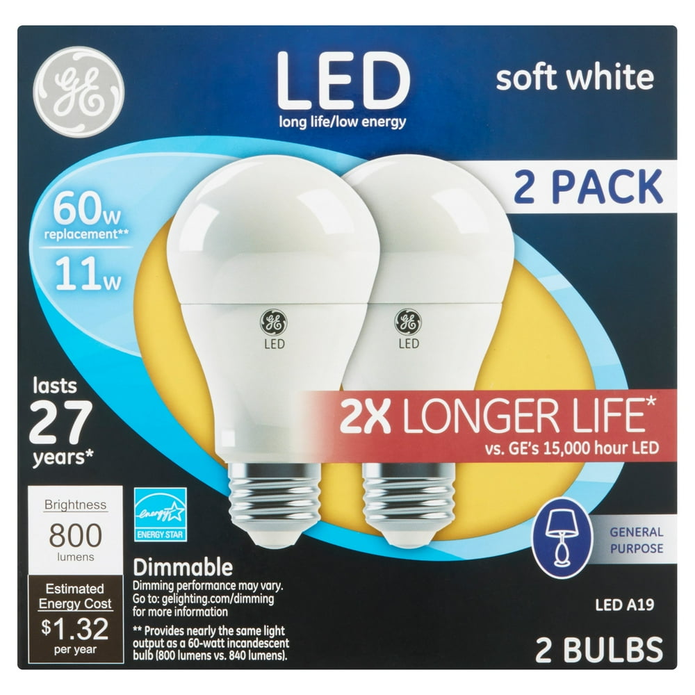 GE LED 11W 800 Lumens A19 Soft White Bulbs, 2 count