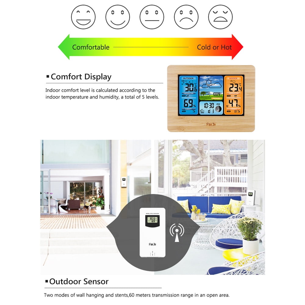 FanJu FJ3373 Multifunction Digital Weather Station LCD Indoor  Weather Forecast Barometer Hygrometer with Wireless  Sensor USB  Cord