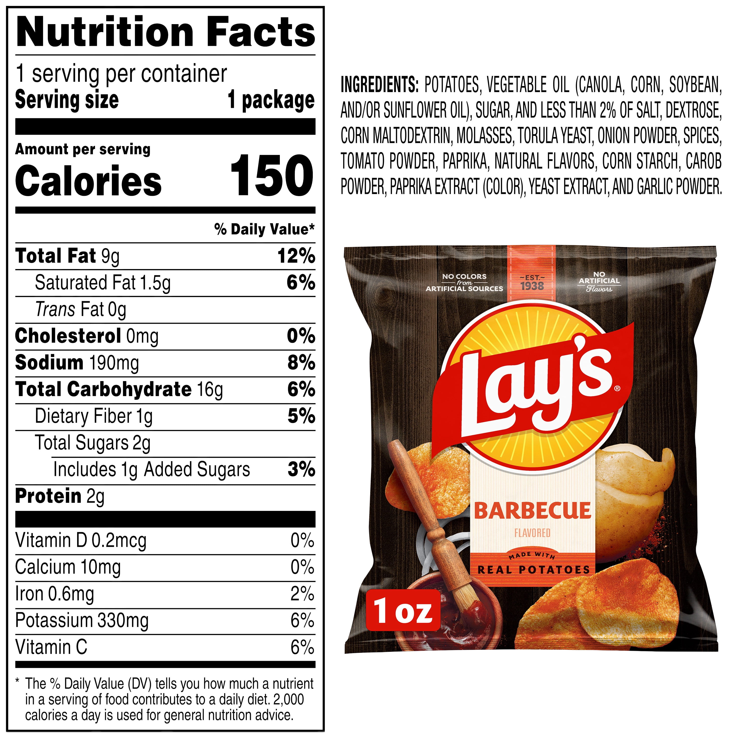Lay's Barbecue Flavored Potato Chips Snacks Multipack, 1 oz Bags, 40 Count
