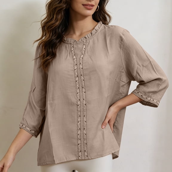 Holzkary Women's Linen Tops 3/4 Sleeve Elbow Sleeve Crew Neck Summer Tops for Women Loose Fit Shirts Plain Blouse Peasant Blouses Lightweight Tops Solid Color Top Elegent Tops Boho Top Travel Blouses
