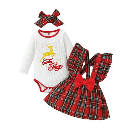 

Newborn Baby Girl Christmas Clothes Set Santa Baby Long Sleeve Romper Top+Plaid Suspender Skirt+Headband 3PCS Outfits