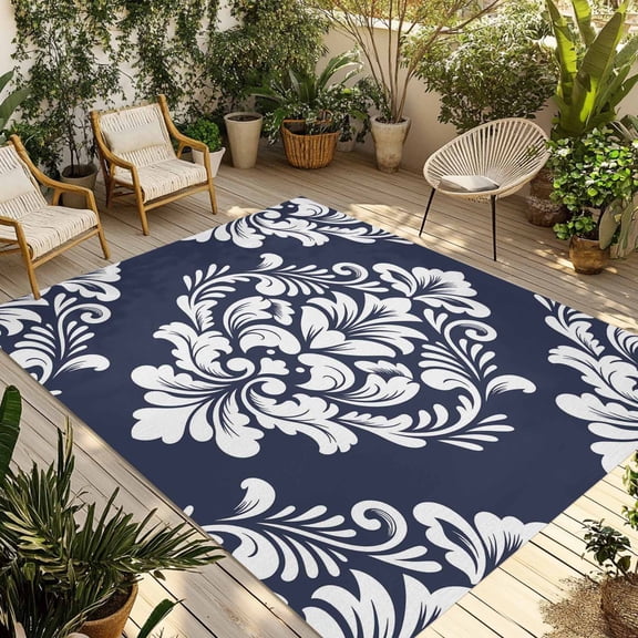 Navy Blue Boho Outdoor Rug for Patio/Deck/Porch, Non-Slip Large Area Rug 6 x 9 Ft, Vintage Classic Bohemia Flower Textured Indoor Outdoor Rugs Washable Area Rugs, Reversible Camping Rug Carpet Runner