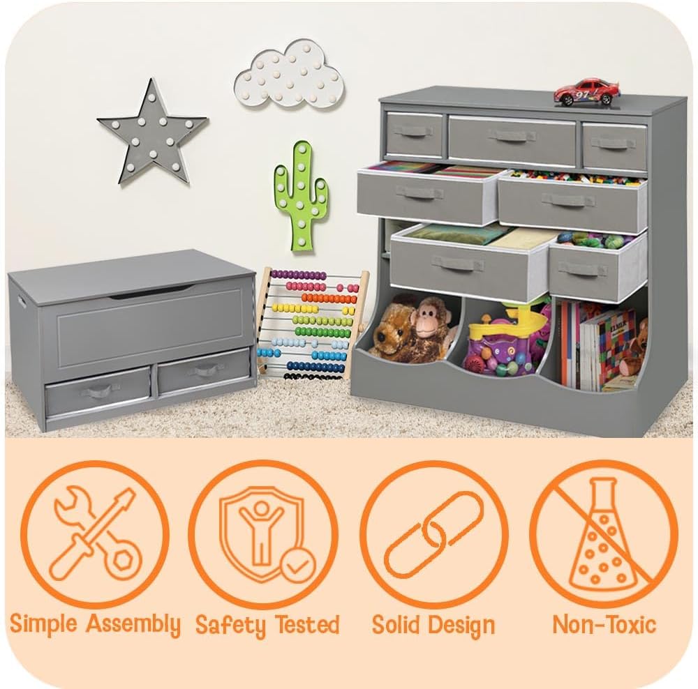 Toy Box and Storage  with Reversible Baskets - Charcoal Kids Organizer