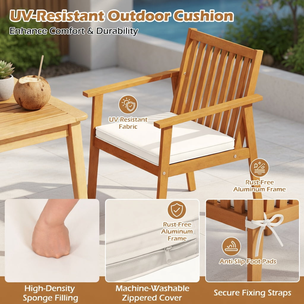 Hommoo 2-Pack Outdoor Dining Chairs, Acacia Wood Patio Chairs with Removable Zippered Cushions, Ideal for Backyard, Porch & Deck, White