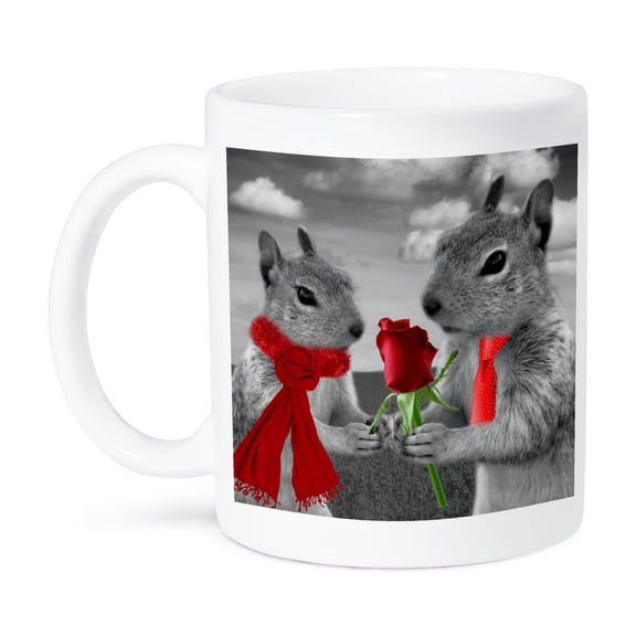 3dRose, Squirrel Couple in Love with Red Rose Black and White Photograph, 15oz Mug
