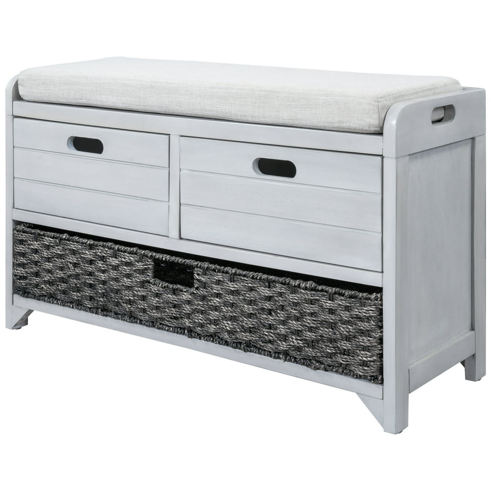 Narrow Storage Bench, Solid Wood Entryway Bench with Removable Basket