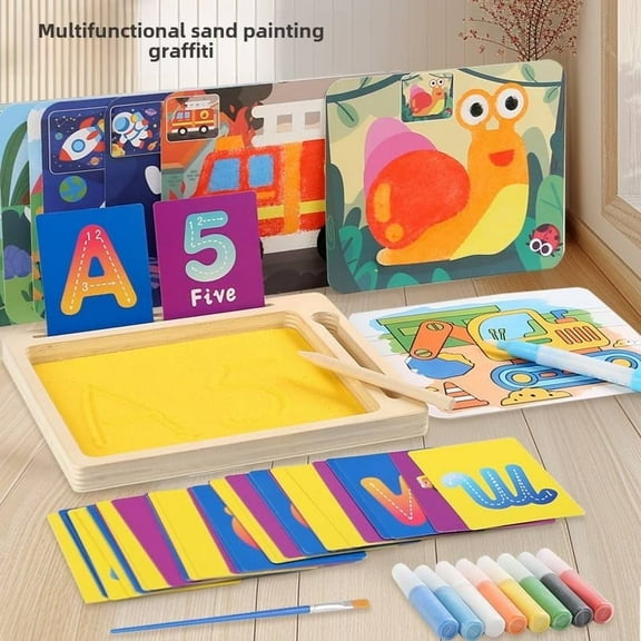 Montessori Sand Art Kit with Wooden Tray & Water-Reveal, 36 Double-Sided Alphabet & Number Cards, 12 Colored Sands, Brush, Water Pen & Wooden Stylus, Tactile Letter Tracing Craft Toys for Kids Ages 3