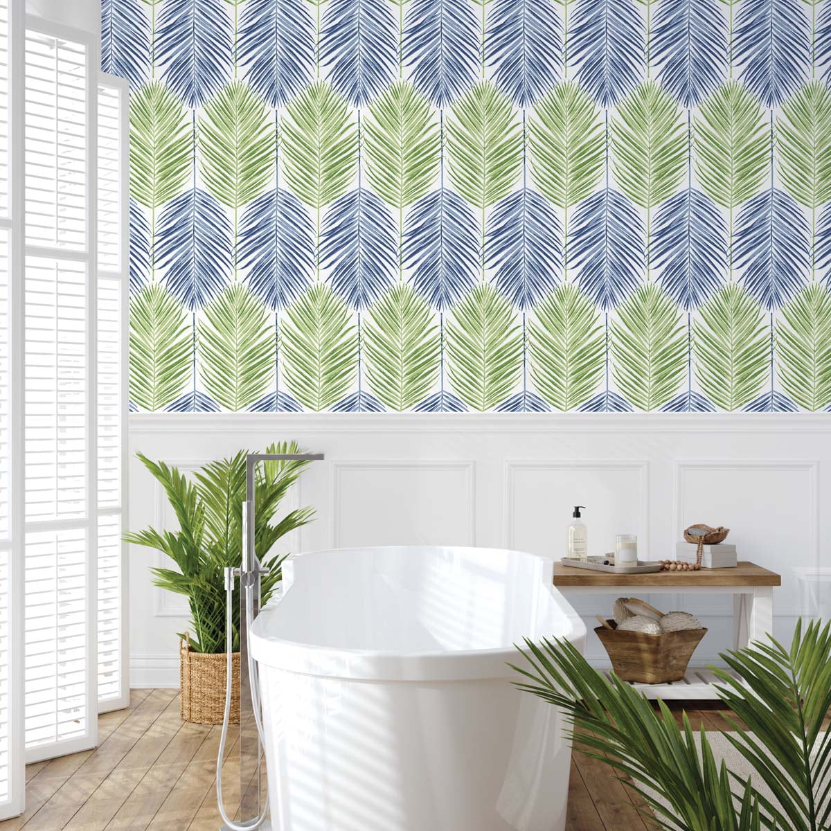 NextWall  Two Toned Palm Peel and Stick Wallpaper 20.5 in. W x 18 ft. L - Coastal Blue & Fern Green