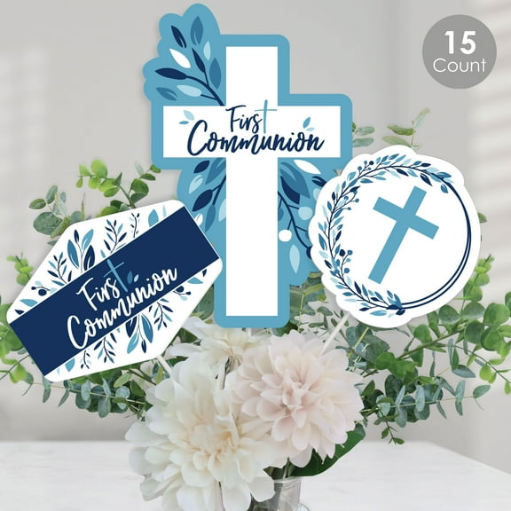 Big Dot of Happiness First Communion Blue Elegant Cross - Boy Religious Party Centerpiece Sticks - Table Toppers - Set of 15