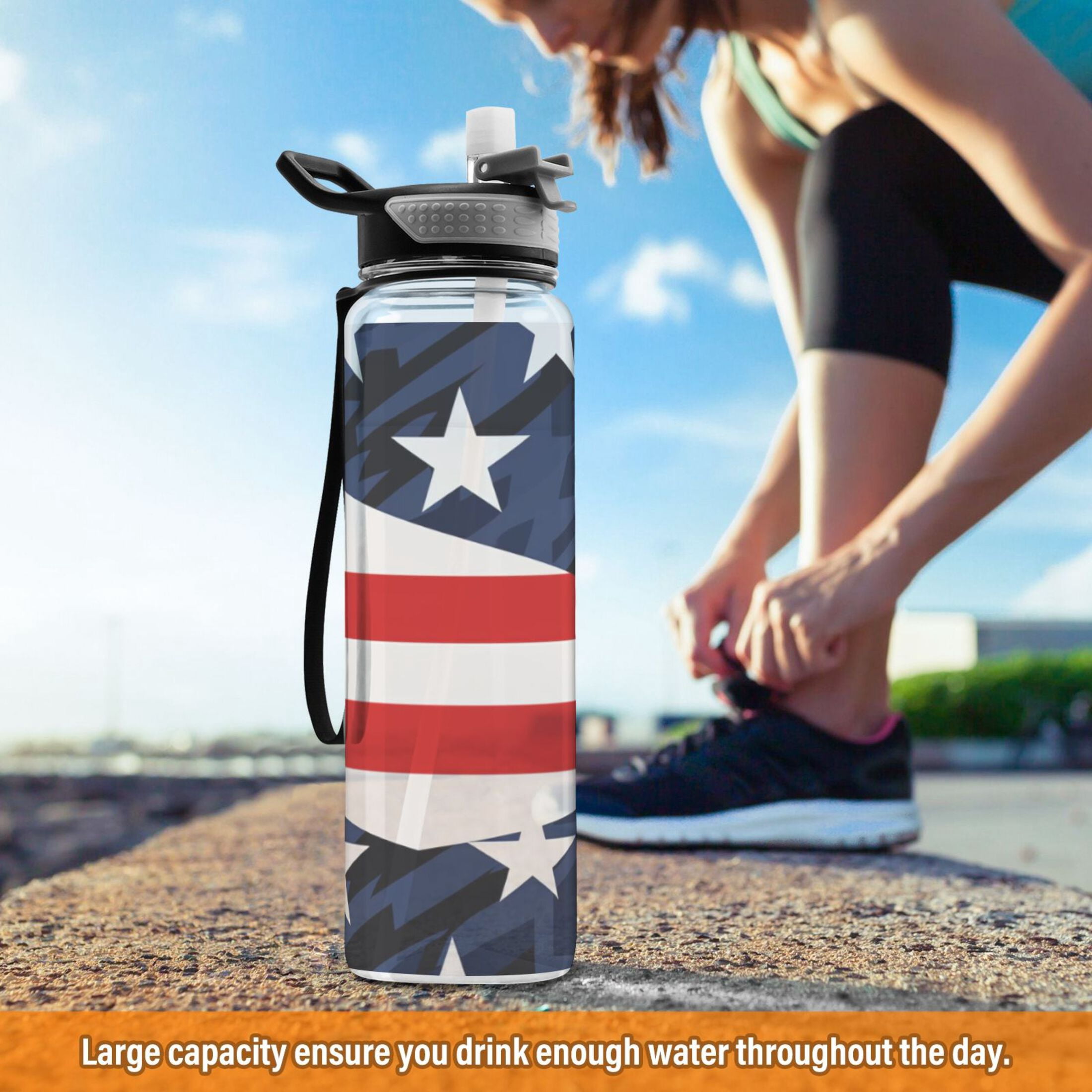American Flag Star 32oz Water Bottles with Straw Tritan Leakproof Sports Bottle BPA Free Clear for Fitness Gym Swimming Cycling