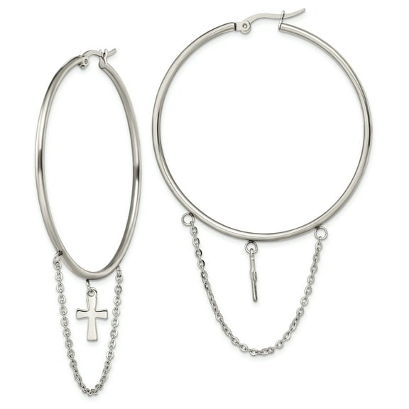 Primal Steel Stainless Steel Cross Dangle Hoop Earrings
