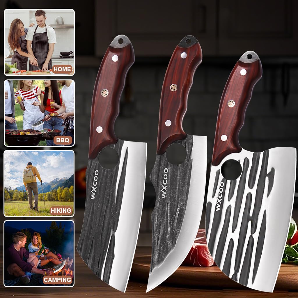 WXCOO Butcher Knife Set - 3pcs Hand Forged Meat Cleaver Knife & Serbian Chef Knives & Sharp Viking Knives for Meat Cutting, Camping, BBQ, Men's Birthday Gift