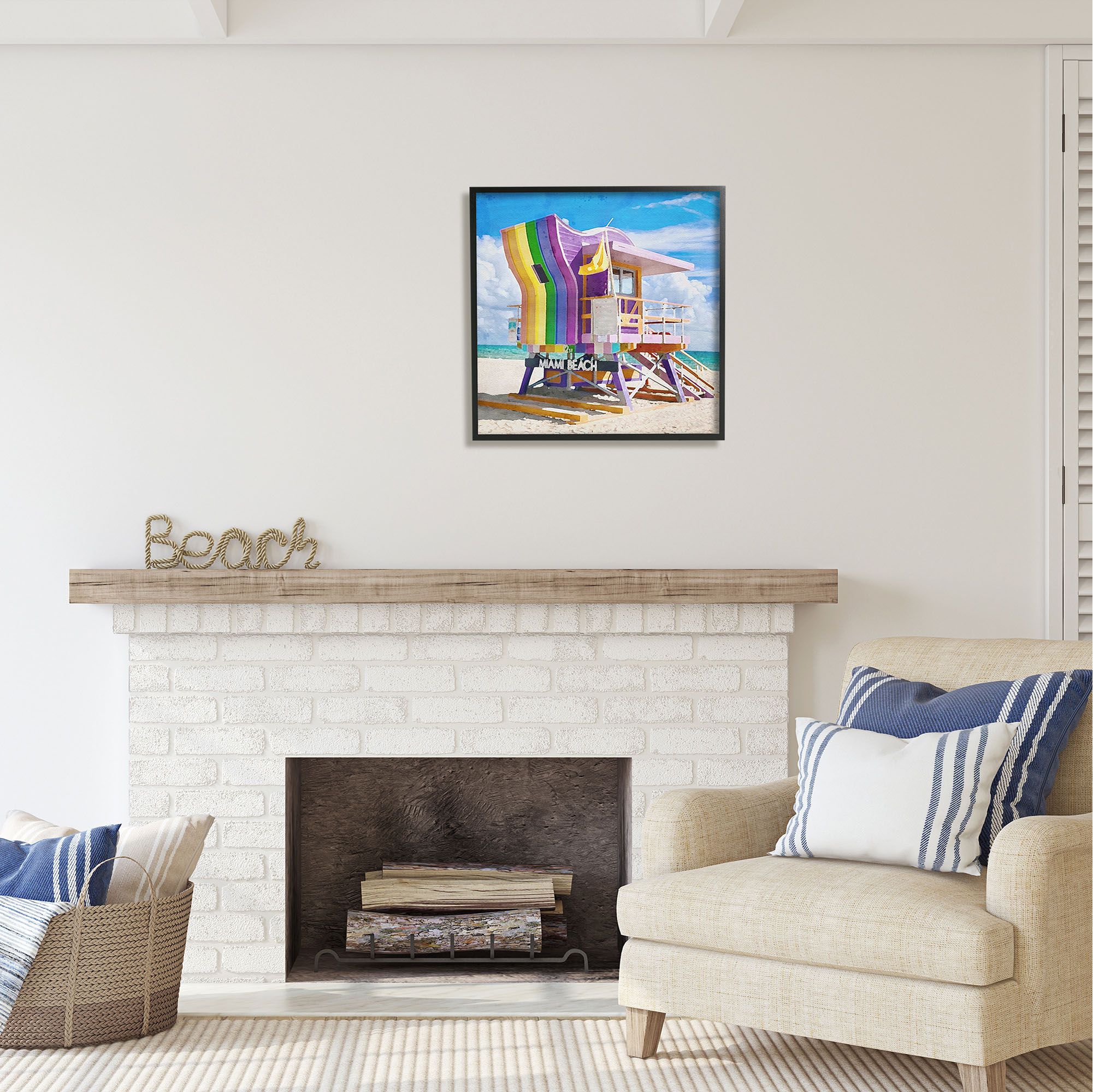 Stupell Industries Rainbow Lifeguard Hut Nature Painting Black Framed Art Print Wall Art, 24 x 24