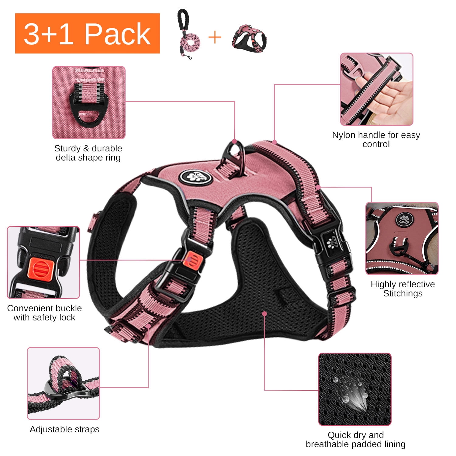 Hidpriva No Pull Dog Harness Leash Set , Soft Padded Dog Vest with Easy Control Handle, Reflective Adjustable Pet Harness for Large Dogs, Pink, XL