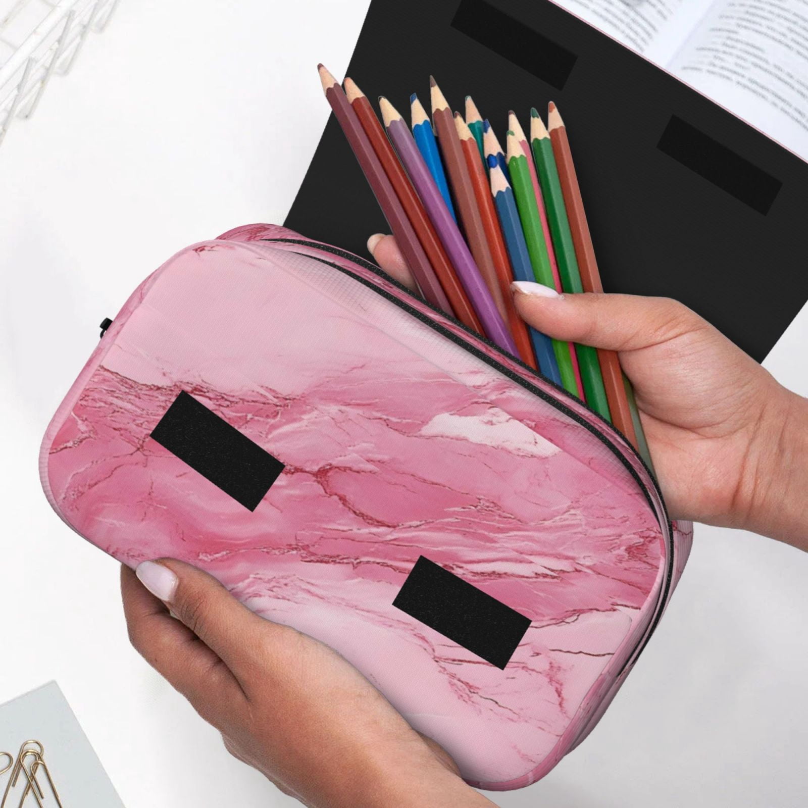Large-Capacity Flip-Top Double-Layer Pencil Case, Multi-Functional Pocket Pen Case, Durable Stationery Organizer Pink Marble_21256_1