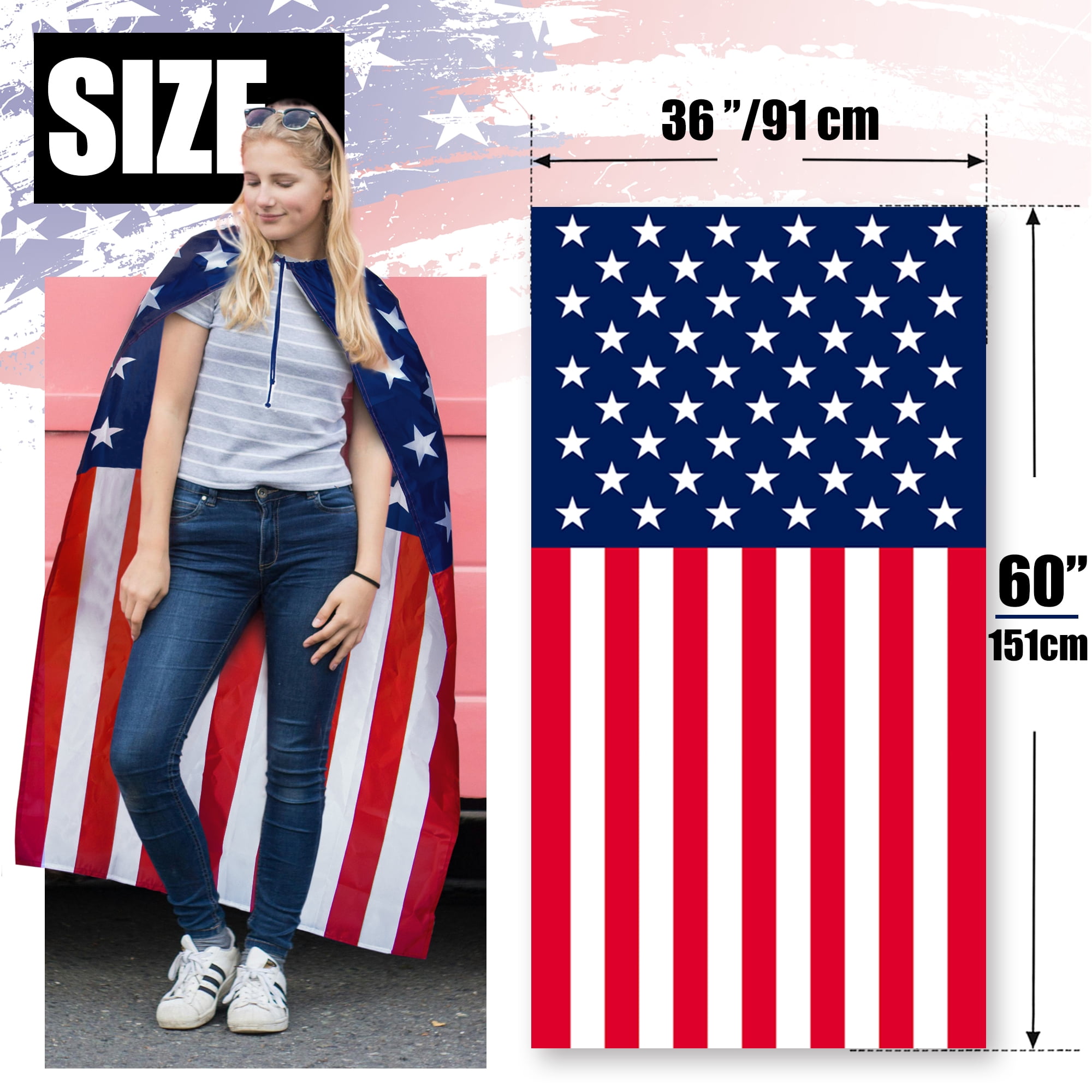 Anley American Flag Cape 3 x 5 FT - US National Flag Cape for Independence Day, 4th of July, Memorial Day Celebrations - Patriotic Flag Costume Cloak
