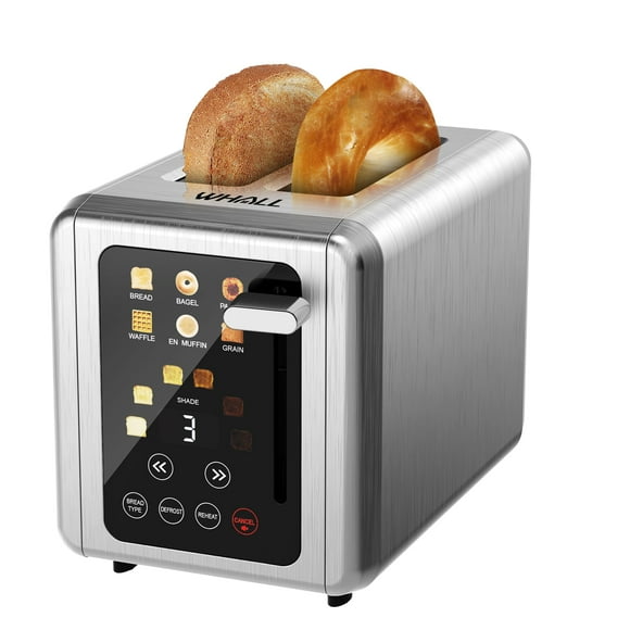 WHALL® tostador de visualización táctil de 2 rebanadas, tostadoras digitales de acero inoxidable, 6 tipos de pan y 6 ajustes de sombra, tostador inteligente con ranuras extra anchas con bagel,