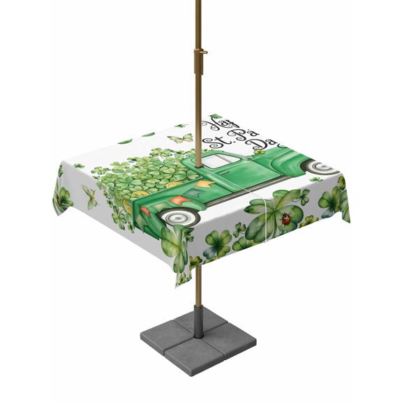 Outdoor Tablecloth with Umbrella Hole and Zipper, St. Patrick's Day Square Table Cloth 60x60 Inch Waterproof Tablecloth, Lucky Shamrocks Green Car Country Plants Picnic Table Cover for Patio Camping