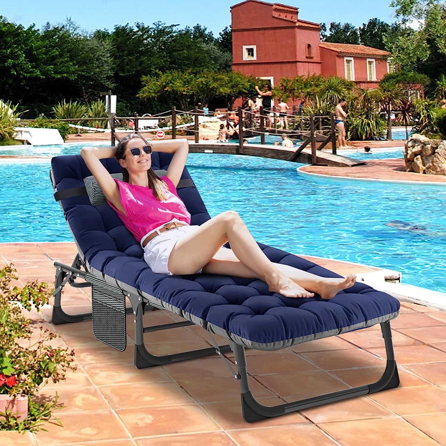 Slsy Portable Folding Camping Cot with 2 Sided Mattress & Pillow, Adjustable 5-Position Folding Lounge Chair, Folding Cot Bed