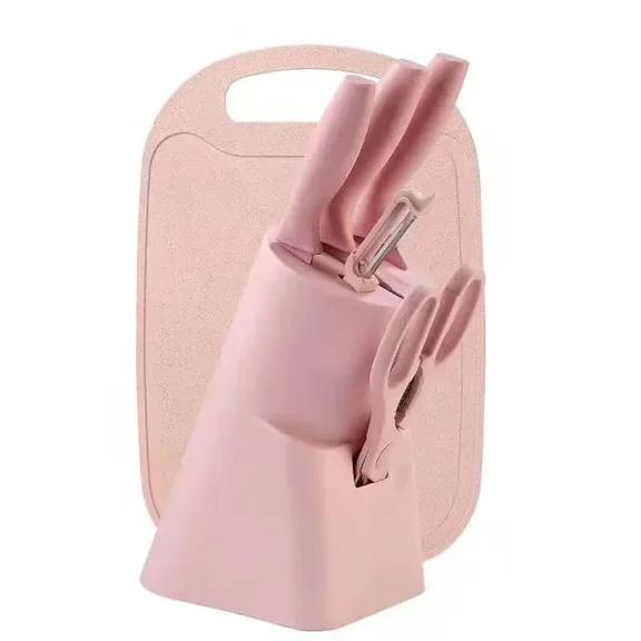 7 Pieces of Pink Kitchen Knife Set - Non-stick Stainless Steel Kitchen Knives Set with 1 Scissor & 1 Peeler Stand and Chopping Board with Gift Box