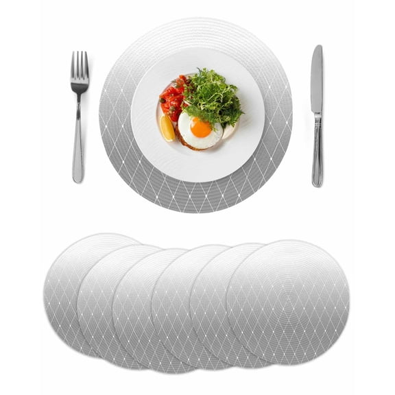 Gray Ombre Round 15 Inch Placemats Set of 6, Modern Geometric Abstract Rhombus Striped HeatResistant Non Slip Place Mats for Dining Table, Wipeable Braided Kitchen Table Mats for Housewarming