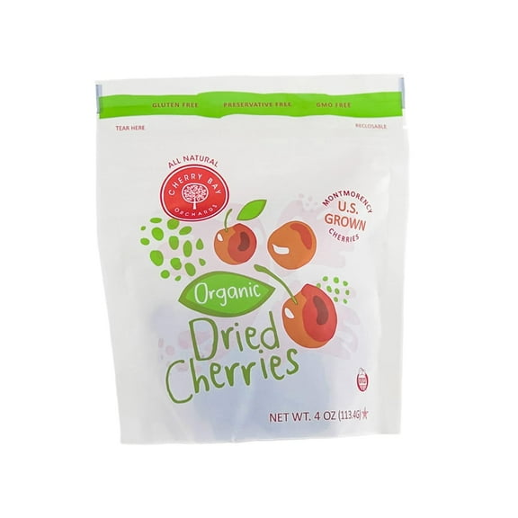 Cherry Bay Orchards Organic Dried Cherries (4 oz Bag) - All Natural Montmorency Cherries 100% US Grown, No Pesticides, Organic Certified, Gluten & GMO Free - Resealable Pouch For Extra Freshness