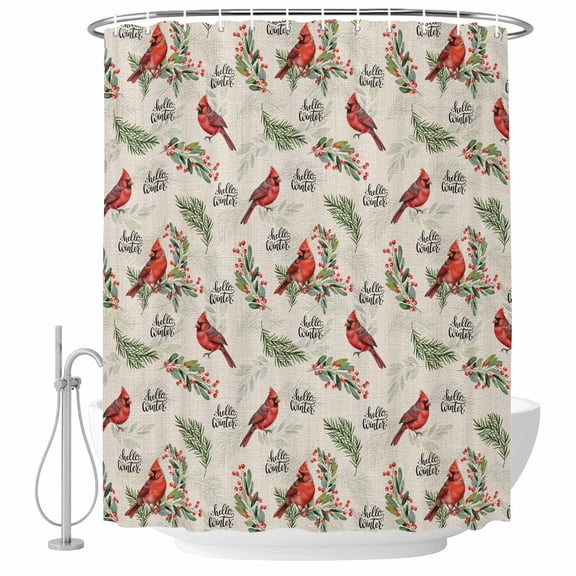 Cardinal Bird Shower Curtain, Waterproof Shower Curtains for Bathroom, Holly Branches Berry Winter Beige Washable Fabric Bathtub Curtain Set Bath Decor with 12 Hooks Long 72"x84"