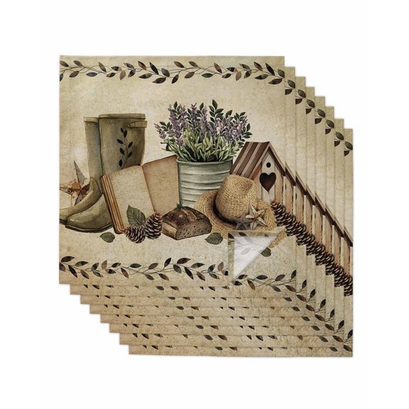 Vintage Farmhouse Cloth Napkins Set of 8 Reusable Dinner Napkins, Retro Country Boots Flowers Leaf Book Cocktail Napkin Washable Table Napkins for Wedding/Holiday Party/Baby Shower 20"x20"