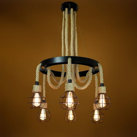 Renaissance 6 Light Oval Chandelier - Industrial Style 6 Heads Hemp Rope Chandelier Ceiling Pendant Light Cage Lighting Lamp Vintage