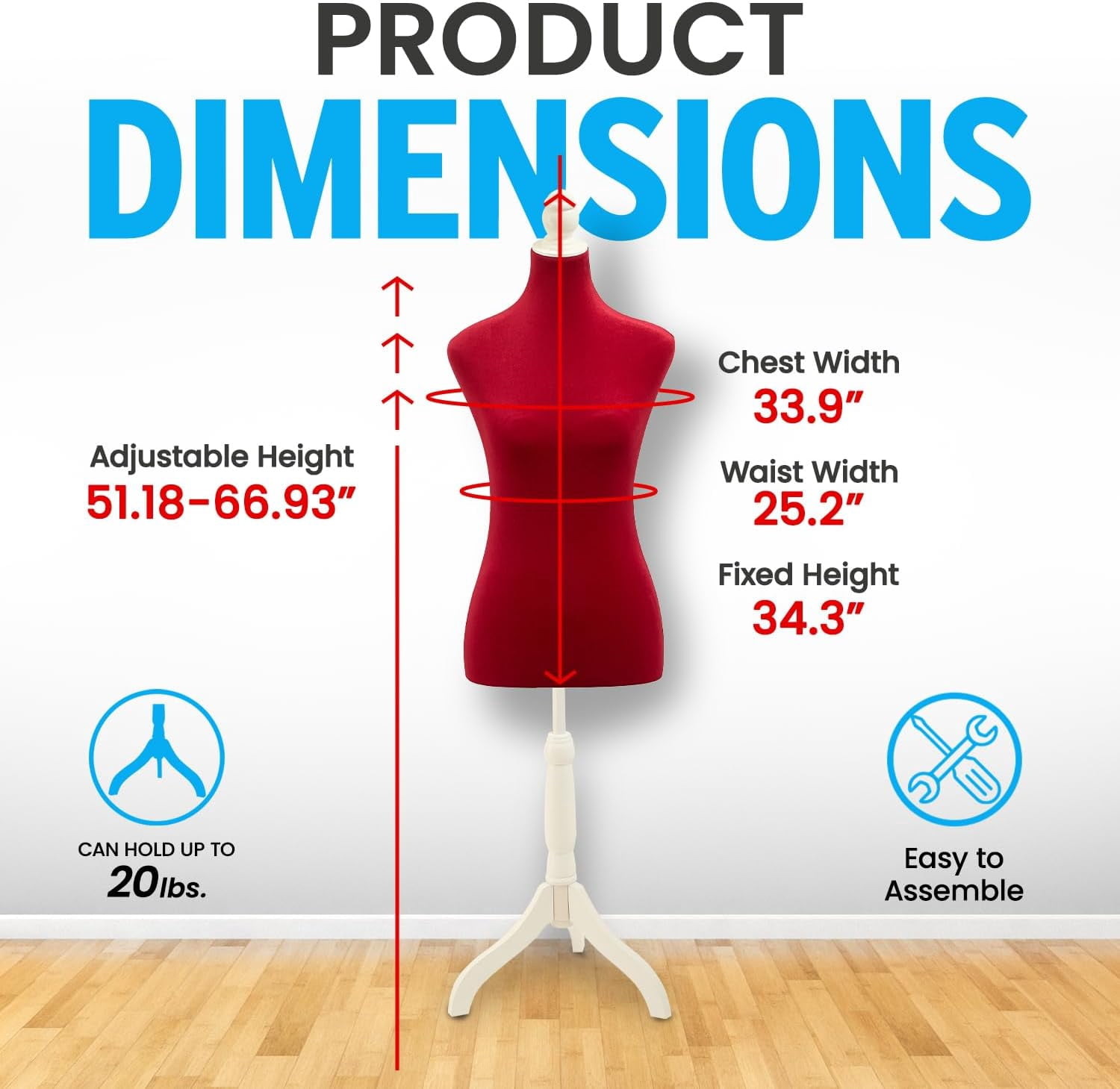 Mannequin - Adjustable Height, Durable Foam and Canvas Construction, Wooden Base, Compact Shoulder Width, Lightweight, Versatile Display for Clothing and Accessories, Red