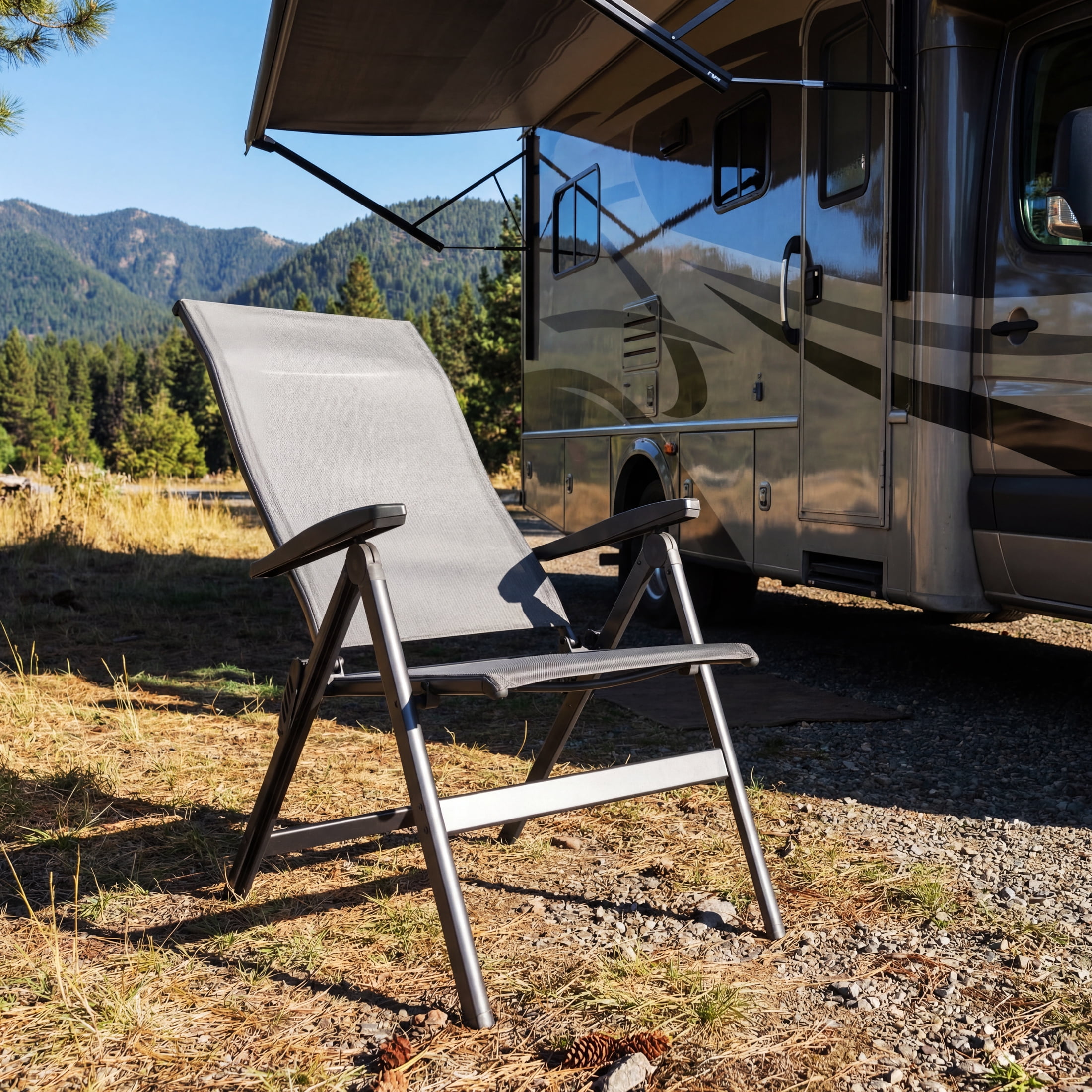 Ozark Trail Deluxe Folding Camping Recliner Chair, Gray, Outdoor Patios and Decks