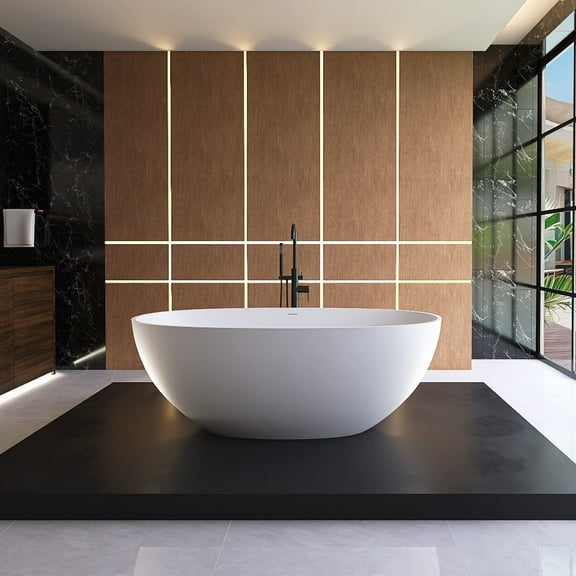 MEDUNJESS 61" Freestanding Solid Surface Resin Stone Bathtub, Modern Design Stand Alone Tub Soaking Tub with Overflow and Pop up Drain, Matte White