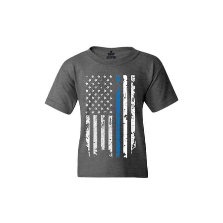 Shop4Ever Kids American Flag Blue Line Patriotic 4th of July Graphic Child s Youth T-Shirt X-Small Dark Heather