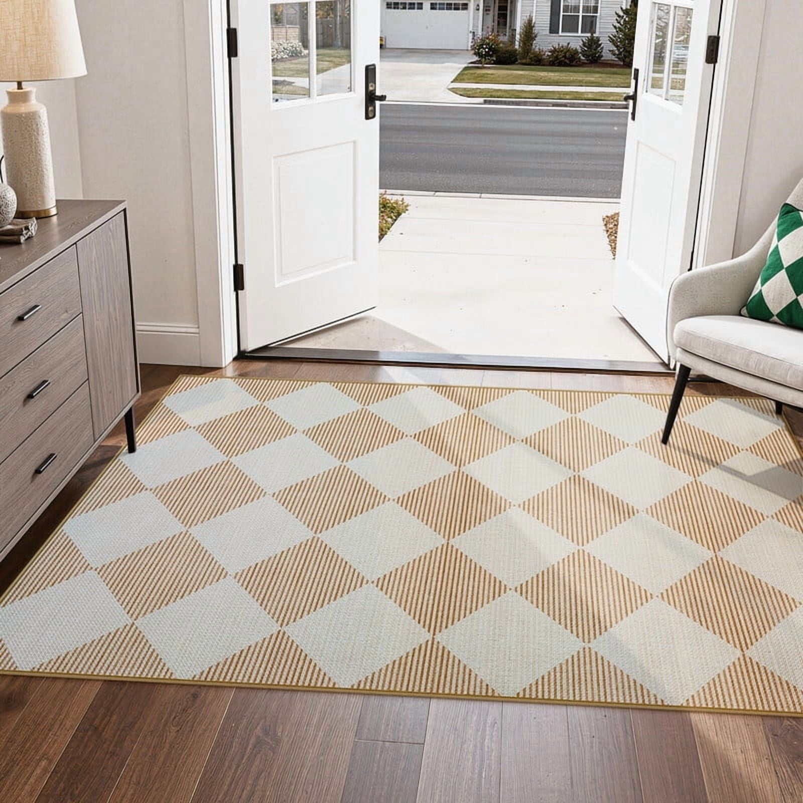 SUNDEREY 3'x5' Easy Jute Area Rugs for Entryway, Washable Non-Slip Modern Rugs for Living Room, Farmhouse Diamond Checkered Rug, Moroccan Soft Low Pile Carpet for Bedroom Office Dining Room, Beige