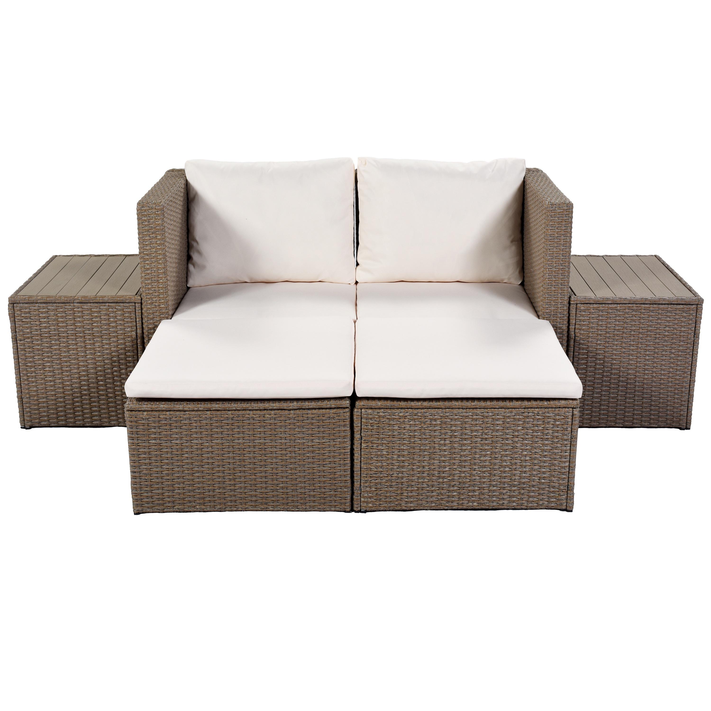 Patio Wicker Sofa Set, 3 Pieces Outdoor Patio Furniture Sectional Sofa, Outside Deck Balcony Furniture with Loveseat Sofa and Glass Table, Perfect for Garden Lawn Porch Backyard, JA1812