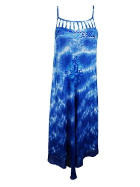 Mogul Womens Summer Fashion Tank Dress Blue Tie Dye Boho Chic Sleeveless Flared Floral Embroidered Stylish Sundress