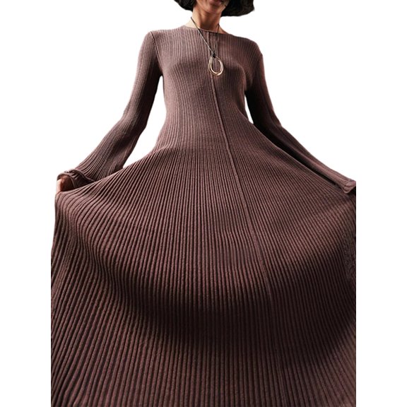 Female Fall Fashion Long Sleeve Maxi Dress Ribbed Knit Boat Neck Bodycon Casual Dresses Going Out Outfits Dark Brown S
