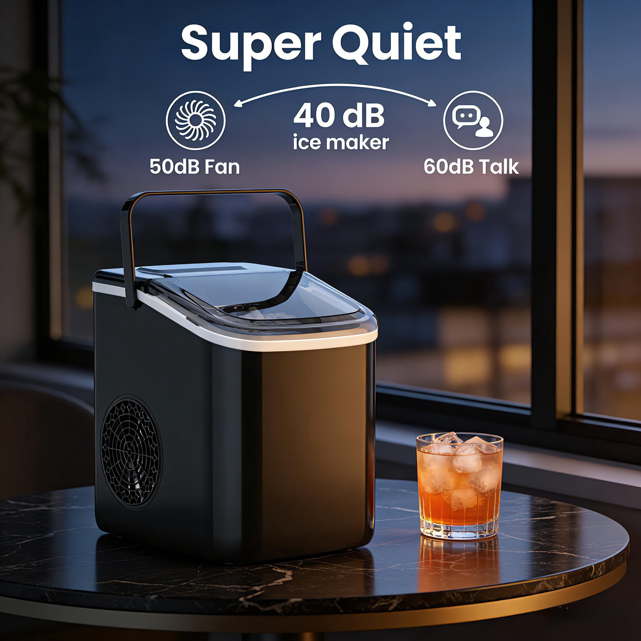 Countertop Ice Maker with Handle, Small Portable Self-Cleaning Ice Machine with Basket and Scoop， 26lbs/24H, 9 Ice Cubes in 6 Mins, for Home, Kitchen, Parties, Camping