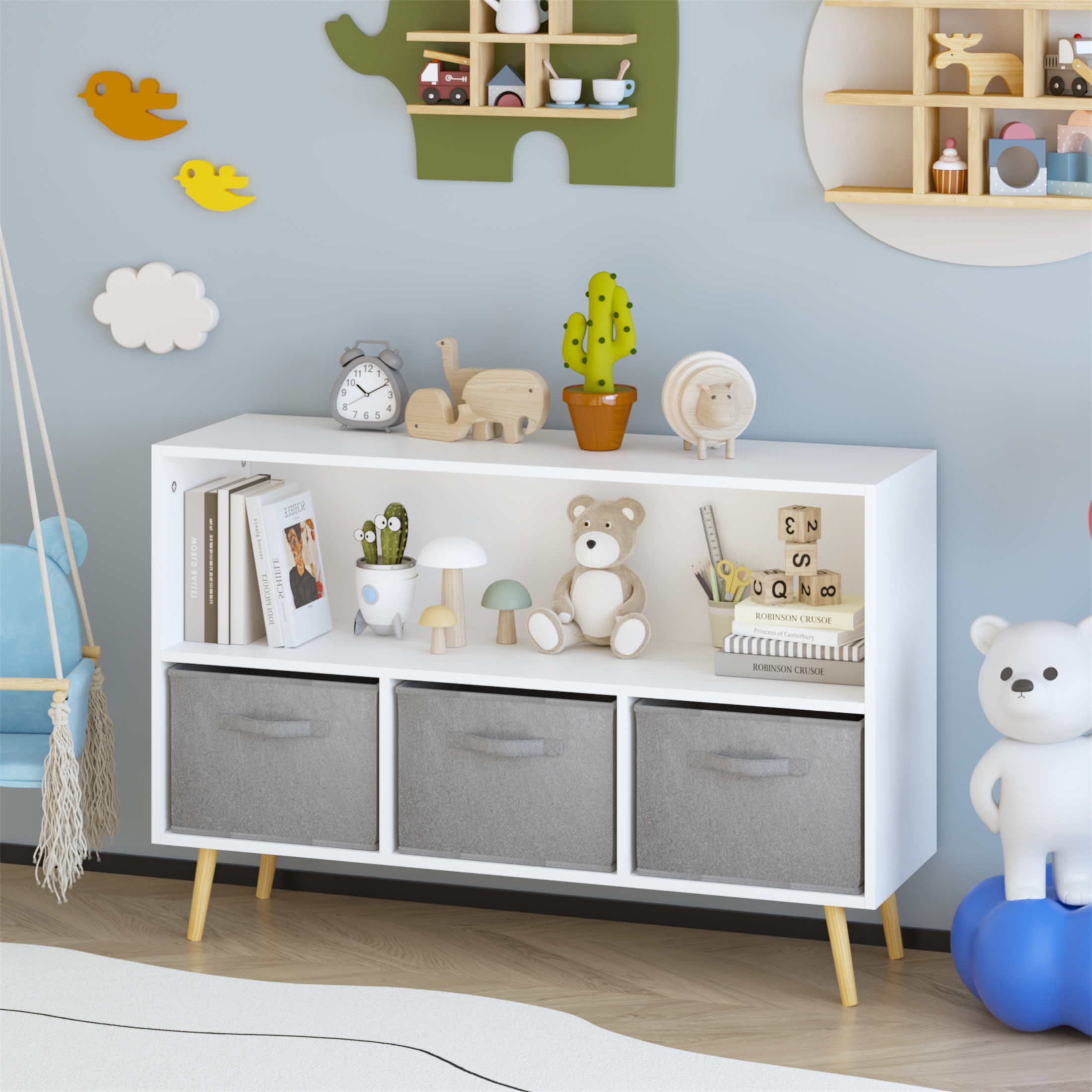 bookcase with Collapsible Fabric Drawers, Book Display, Toy Storage Cabinet Organizer 35.43*10.62*23.62 white