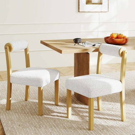 Costway - Wooden Dining Chair Set of 2 Faux Sherpa Upholstered Kitchen Dining Room Chairs - White