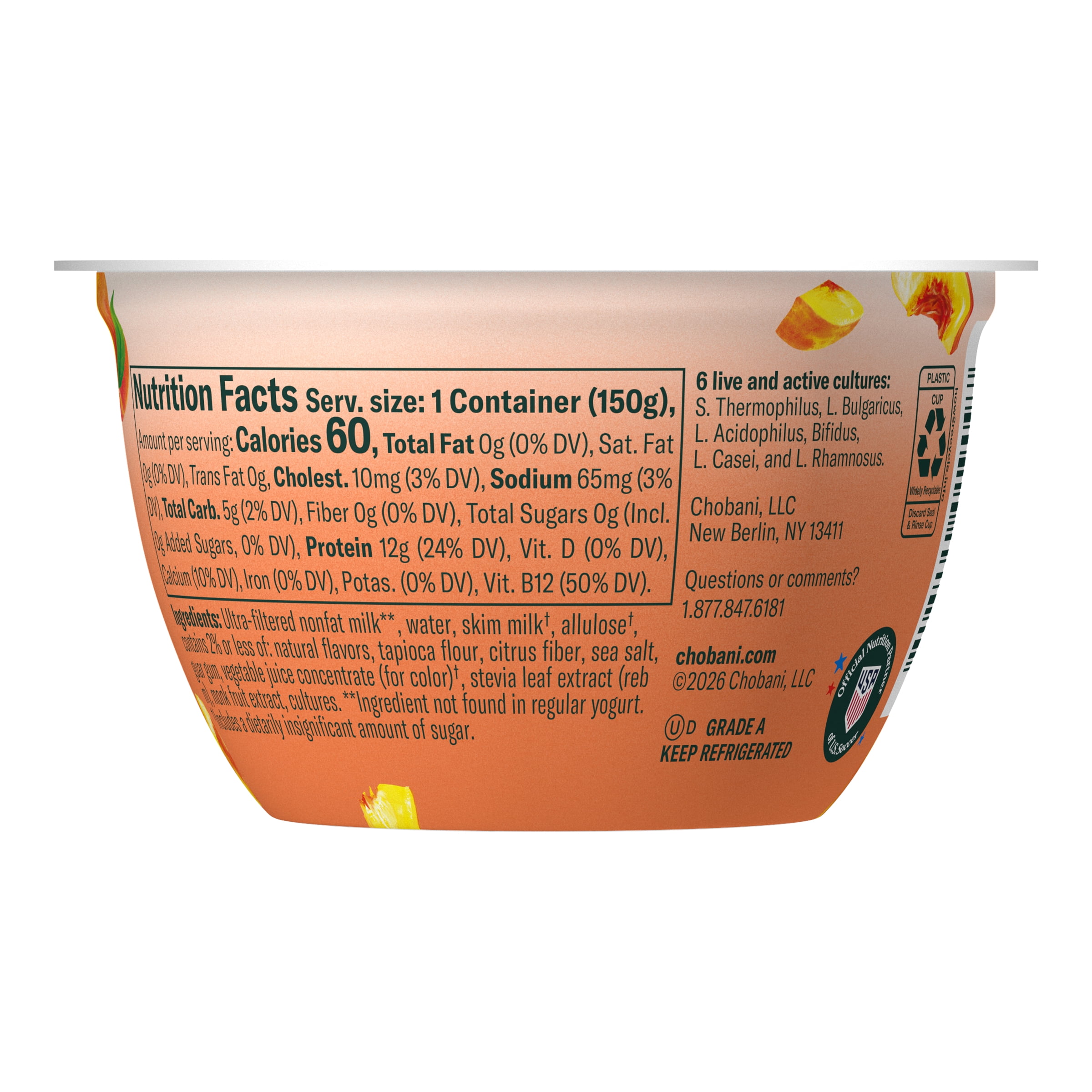 Chobani Zero Sugar Non-Fat Greek Yogurt Peach 5.3 oz Cup