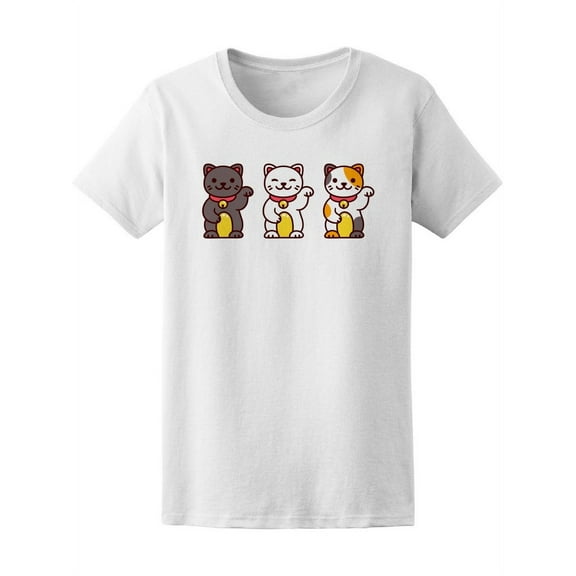 Three Cute Maneki Neko Lucky Cat T-Shirt Women -Image by Shutterstock, Female Small