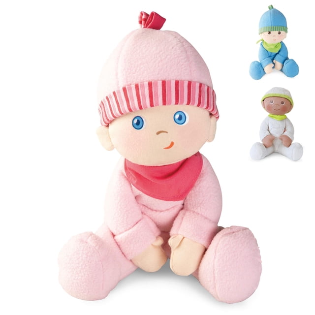 haba doll snug up luisa my first baby doll, machine washable & safe for birth & up, baby dolls for baby shower gifts, newborn toys, baby girl gifts muñeca Luisa sentada, peluche rosa claro de 8 pulgadas con textura suave, gorrito con ribete a rayas rosa y rojo, bandana roja, ojos nariz y boca impresos y capota cosida; fondo blanco.