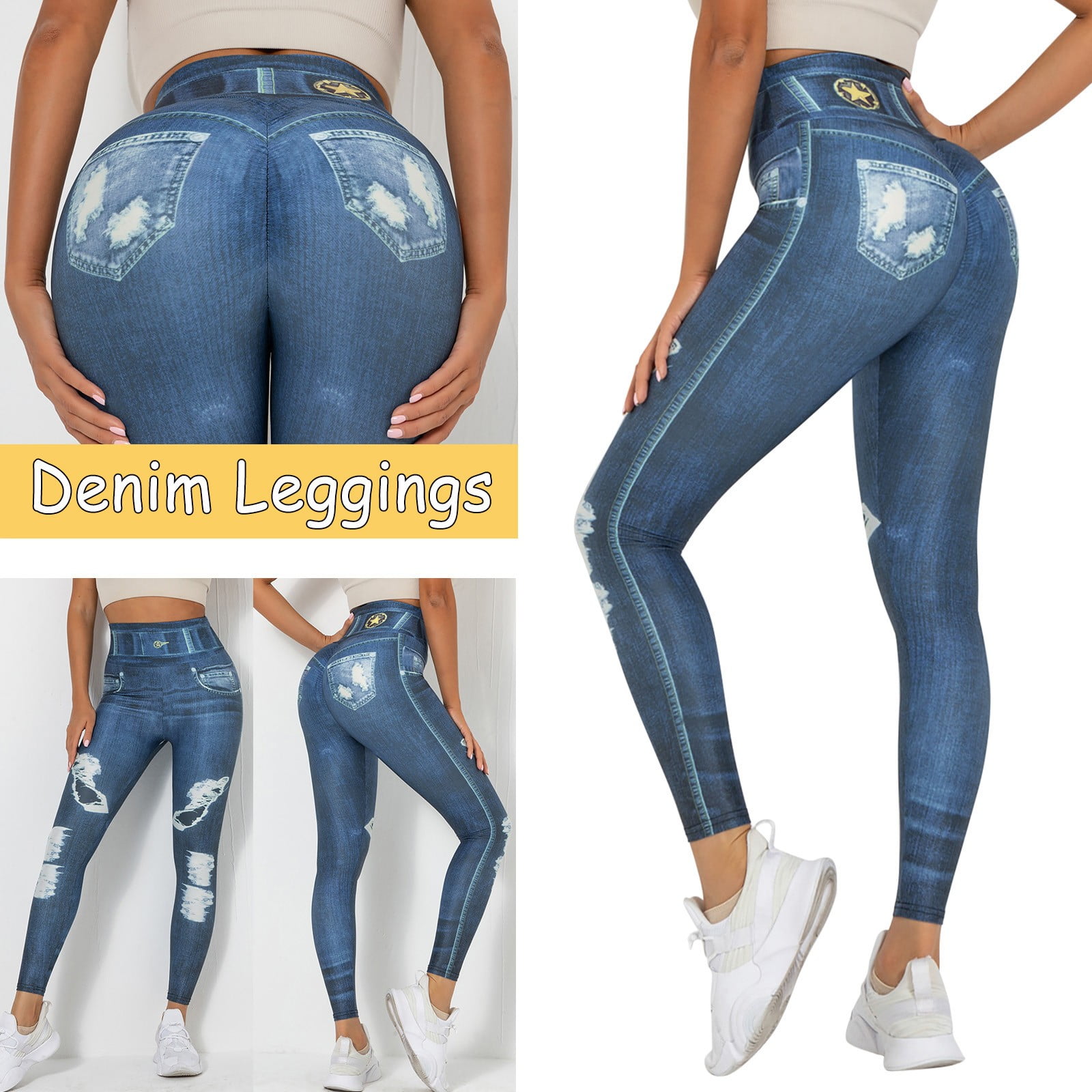 Women's Denim Print Jeans Look Like Leggings Stretchy High Waist Slim  Skinny Jeggings 