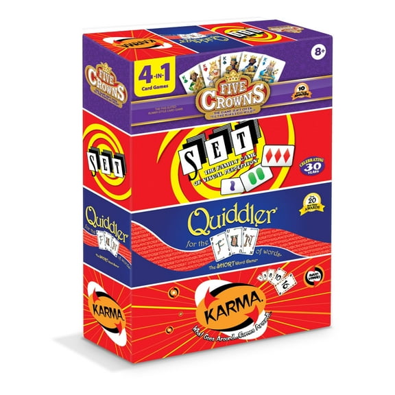 PlayMonster Five Crowns Collection 4-Game Bundle - Five Crowns, SET, Quiddler, and Karma Card Games, 1 Players Ages 8